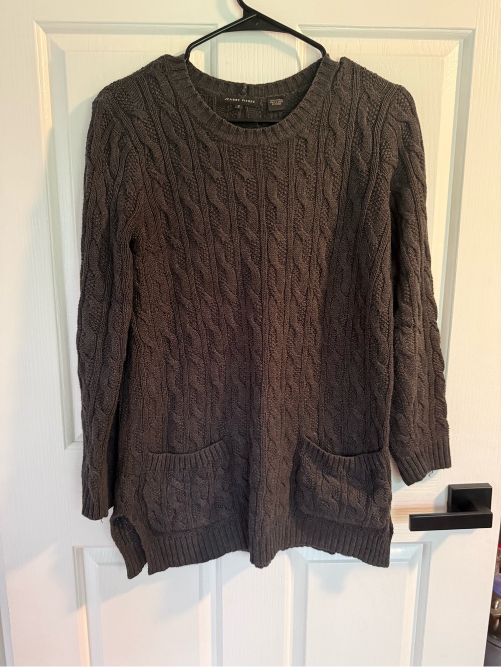 JEANNE PIERRE Dark Charcoal Cable Crewneck Sweater with Pockets